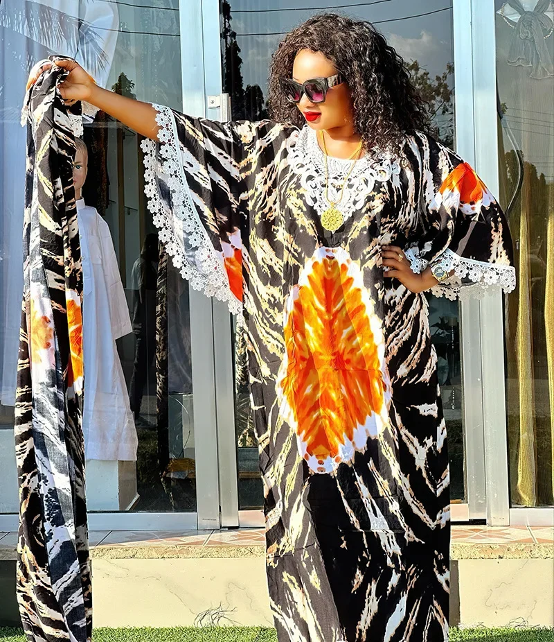 

2023 Print African Maxi Dress for Women with Headtie Elegant Lady Party Gown Plus Size Ankara Dashiki Clothes Muslim Kaftan Robe