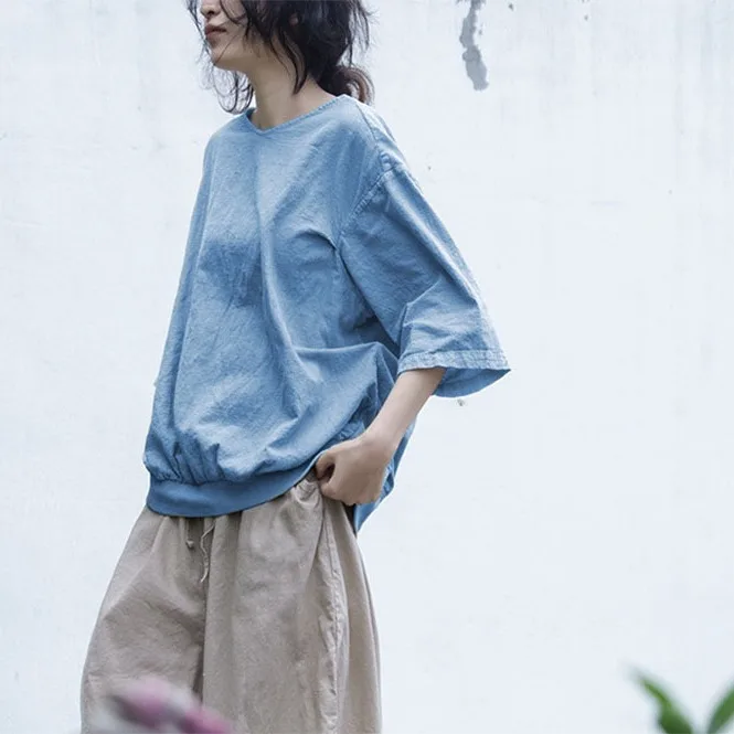 

Sand washing new creation old pleated T-shirt women's cotton and linen casual daily versatile waist top fashion casual versatile