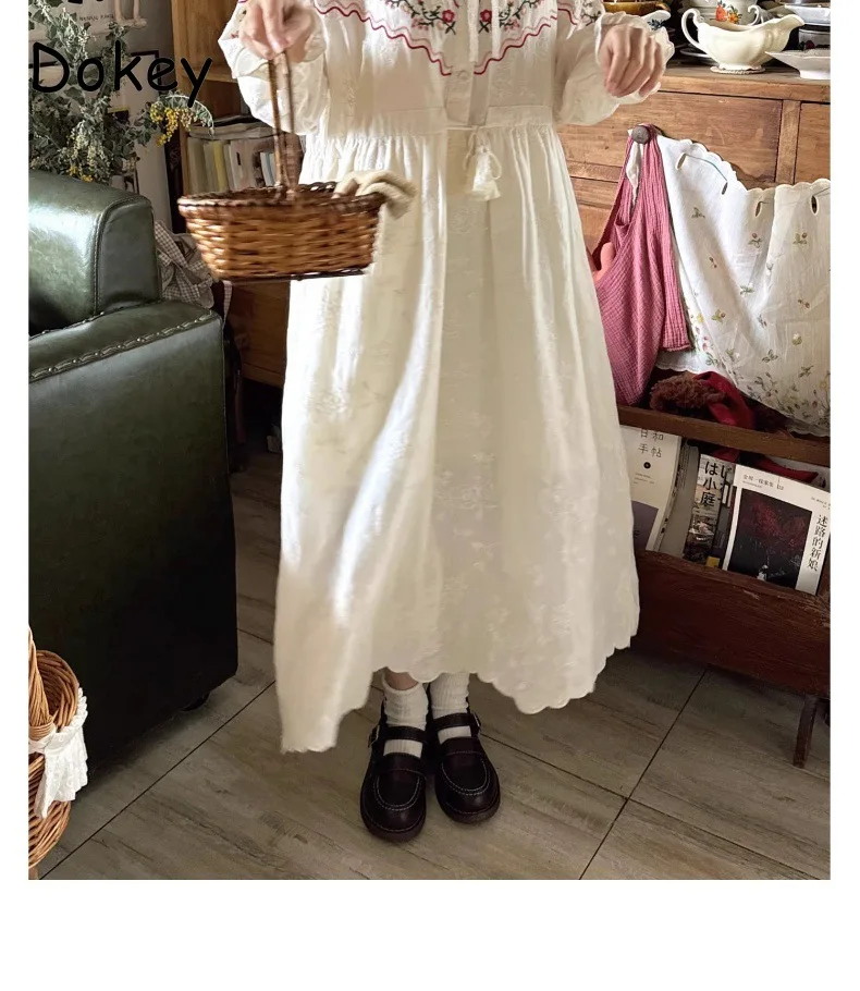 Abito bianco ricamo Vintage giapponese da donna, colletto Peter Pan arruffato, abiti a maniche lunghe, abbigliamento Kawaii, ragazza Mori, Spri