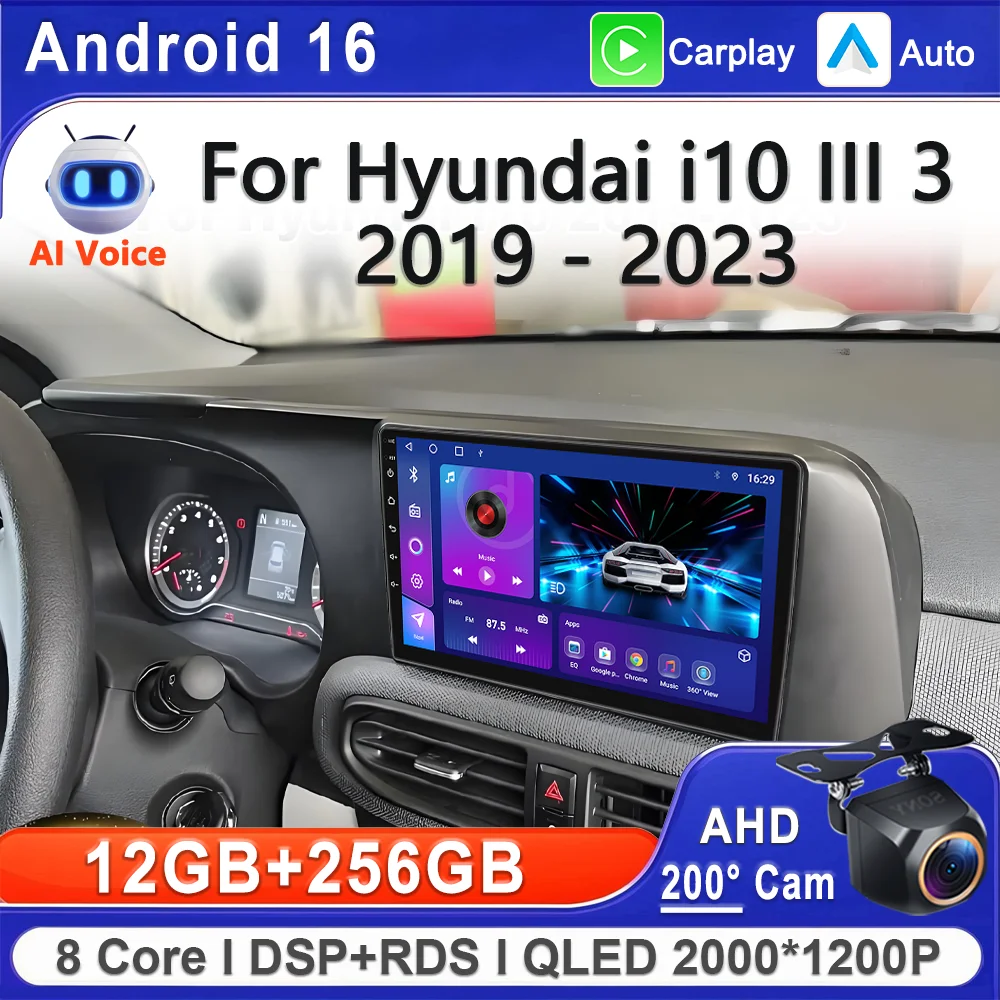 Android 16 Car For Hyundai I10 III 3 2019 - 2023 LHD RHD High-performance CPU GPS Navigation HDR BT Touch Screen Multimedia DVD
