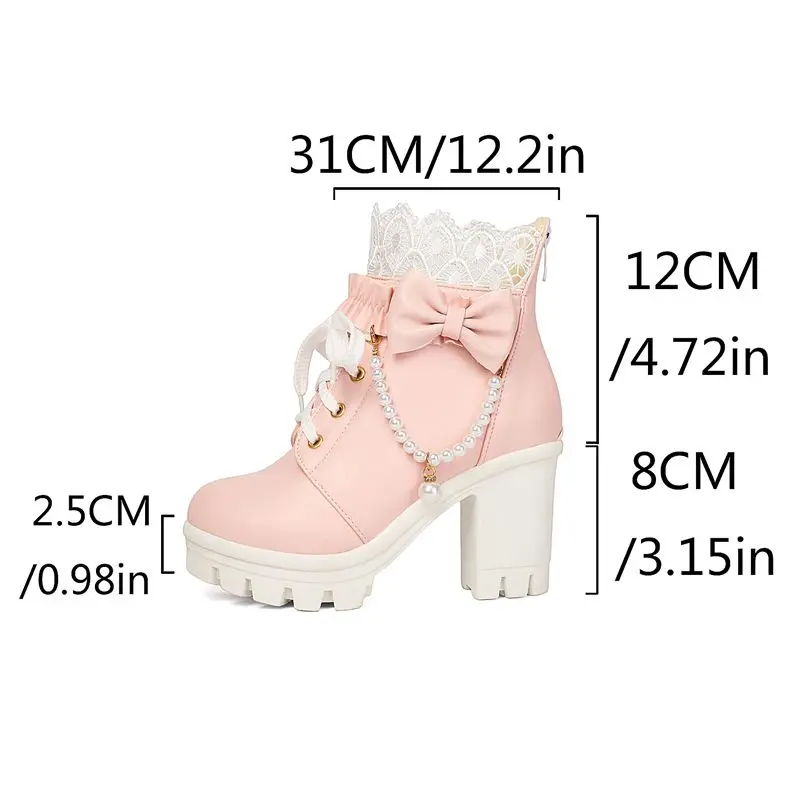 SIMLOVEYO Pink Miss Cute Short Footwear Rounded Toe Box 9cm Chunky Heels 2.5cm Thick Sole Zip Tie Up Bowknot Cord Large 42 43