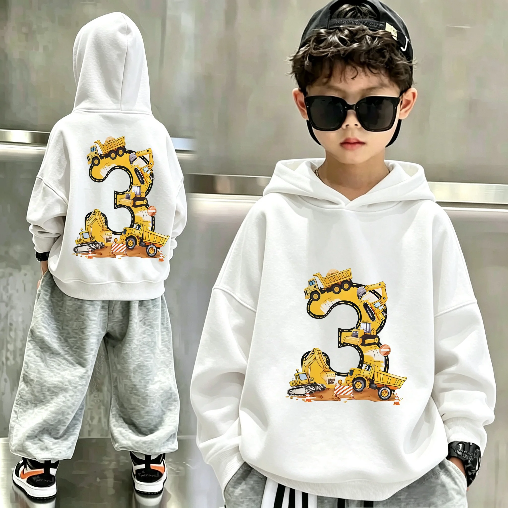 Y2K cartoon excavator digital double-sided printed children's hooded sweatshirt for large size, loose-fitting pullover hoodie
