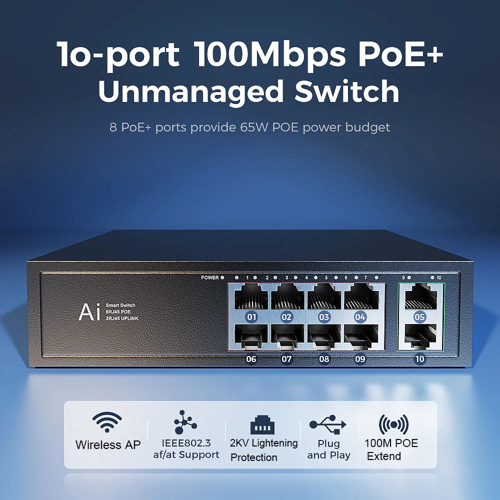 Terow POE Switch 10/6 Ports 100Mbps Ethernet Switch POE Network Splitter IEEE 802.3af/at for IP Camera Wireless AP Wifi Router