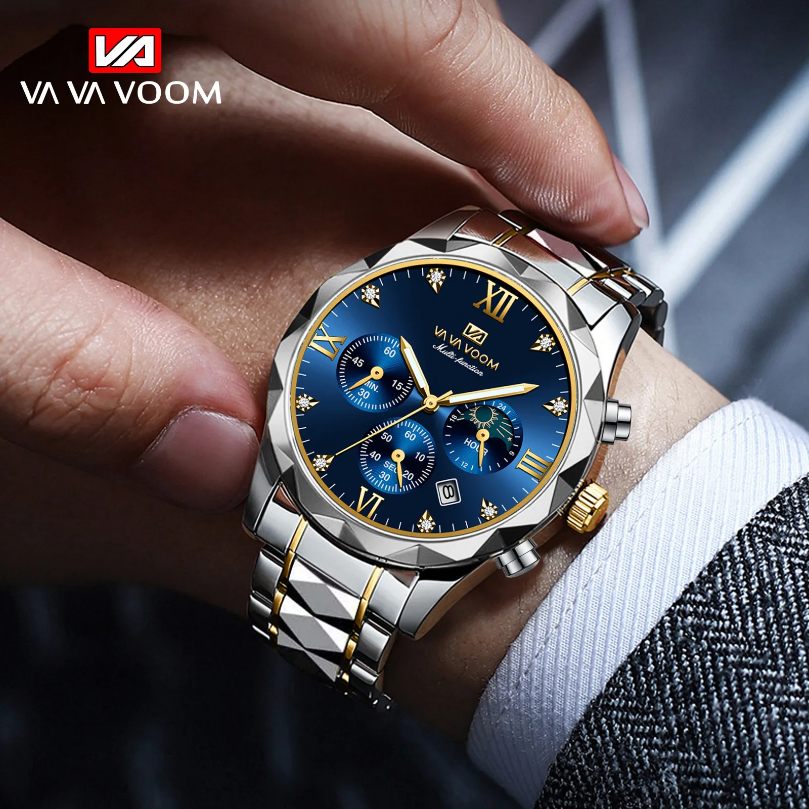 VA VA VOOM Men Watches 2024 Top Brand Luxury Waterproof Date Clock Male Steel Strap Casual Quartz Watch Sports Wrist Watch Men