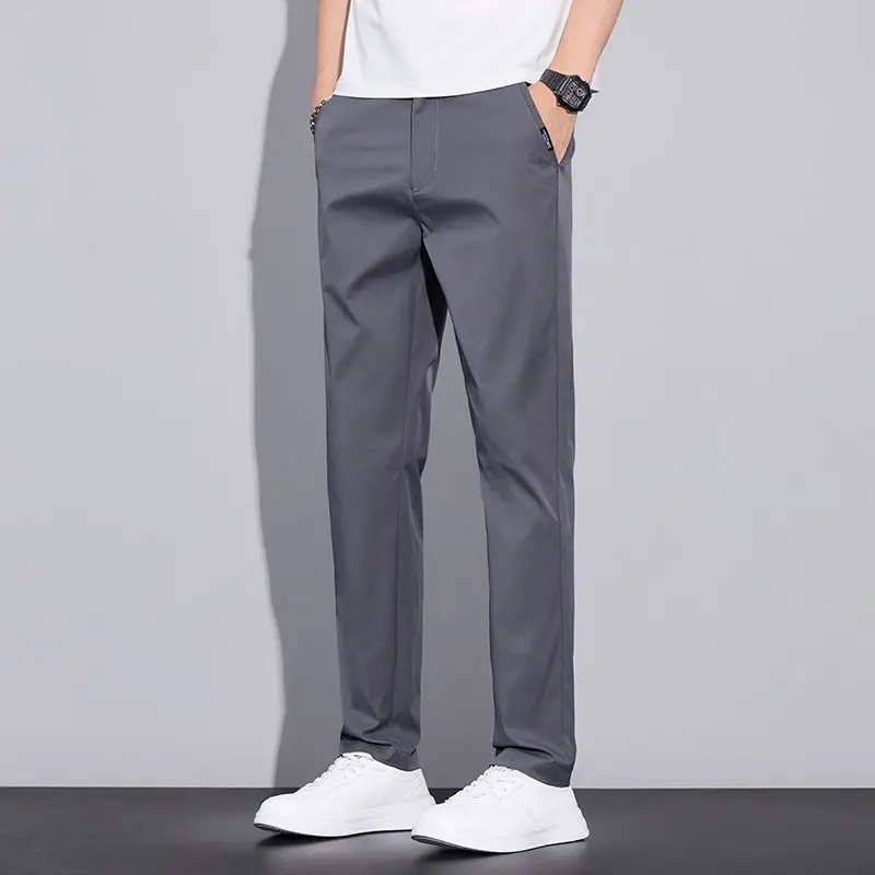 Men's Ice Silk Casual Pants Thin Breathable Elastic Business Straight Tube Trendy Match Long Pants Summer Lightweight Trousers