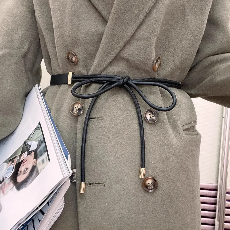 Stylish Coat Belt with Double-Sided Bow Tie  Trendy Minimalist Everyday Knotted Leather Women’s Belt with Drawstring