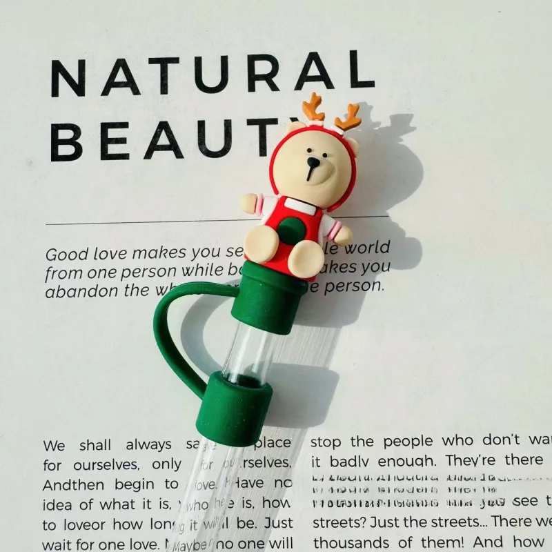 غطاء من القش السيليكون لستاربكس بهلوان كوب ل 7-8 مللي متر مقاومة للحرارة قابلة لإعادة الاستخدام الغبار واقية قبعات القش التوصيل عيد الميلاد الديكور