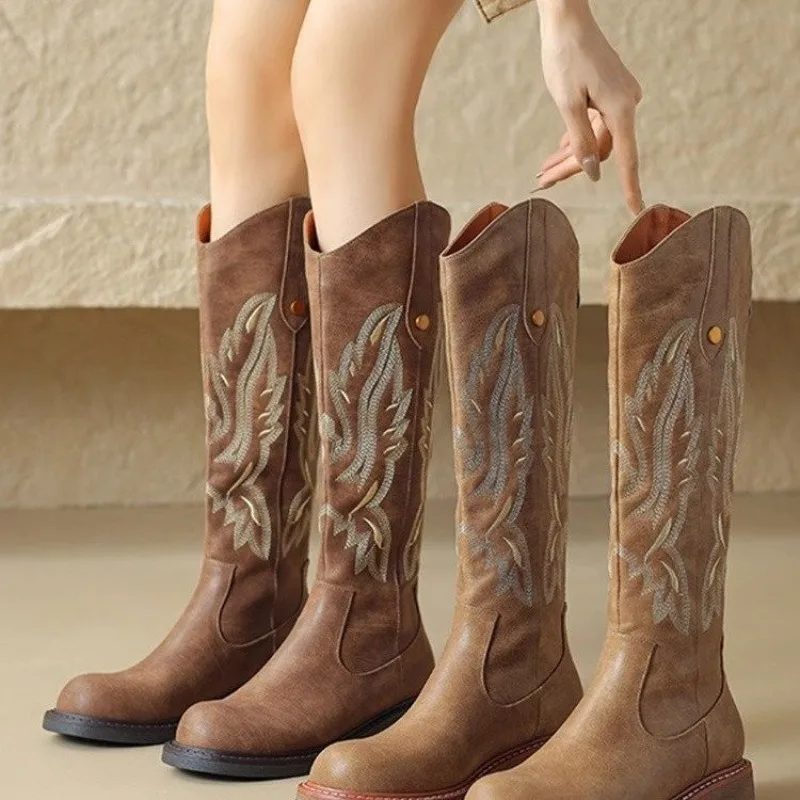 

Women's Shoes Embroidered Western Cowboy Boots Autumn Pointed Toe Thick Heel High Knee Boots Woman Loose PU Leather Botas Mujer