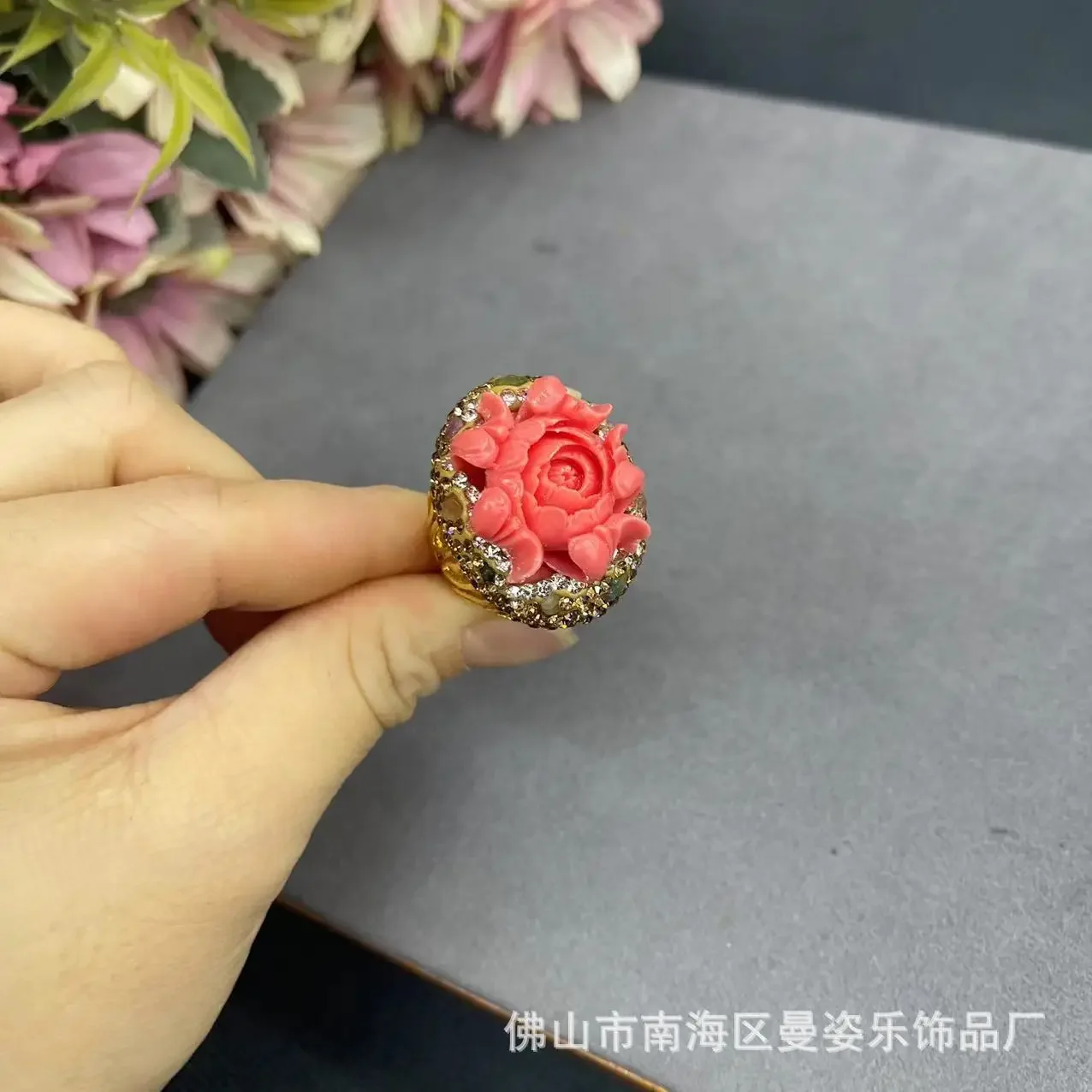 Shell powder pressed peony flower ring inlaid tourmaline jewelry New Chinese live broadcast popular accessories jewelry