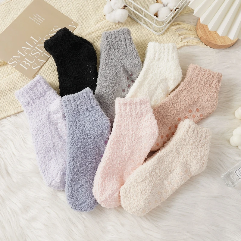 

Autumn And Winter Glue Dot Floor Socks Children's Coral Fleece Warm Non-Slip Soft Skin-Friendly Solid Color Mid-Tube Socks