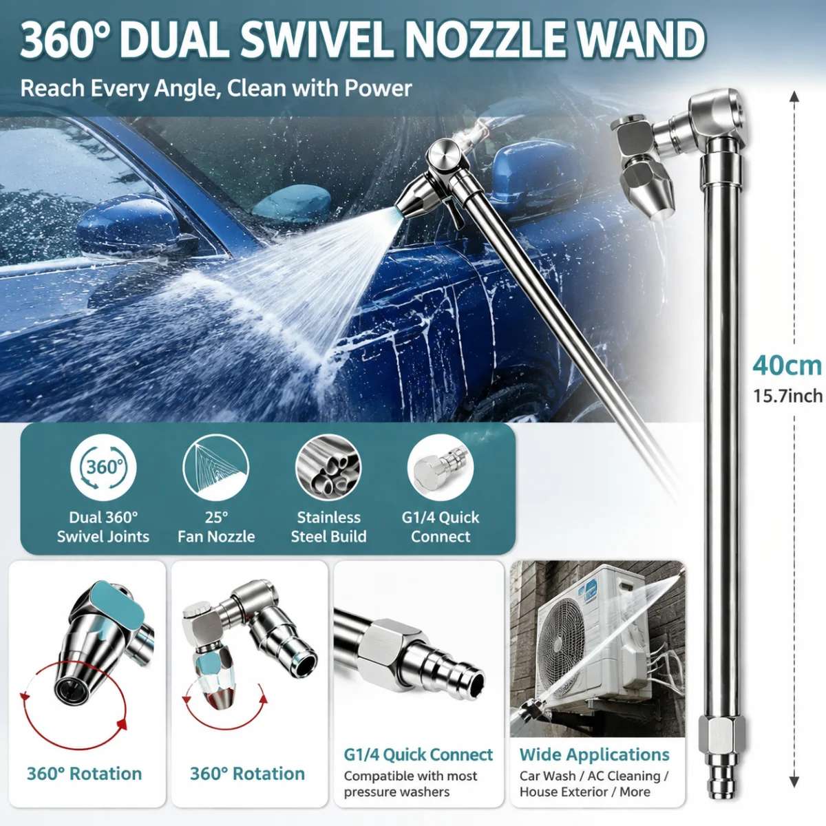 Dual 360 Swivel Nozzle Car Washing Gun Extension Wand Adjustable Angle Spray Nozzle for Air Conditioner & Auto Cleaning