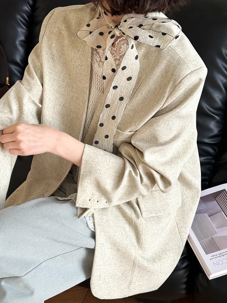 ZMEENNA Blazer léger à col en v pour femme ouvert sur le devant décontracté couleur unie mélange de lin vêtements d'extérieur avec poches pour l'automne ZM3801