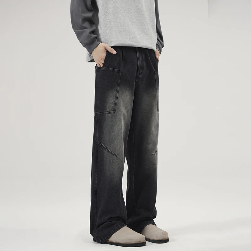 2025 Fashion Design Multiple Pockets Men's Jeans Baggy Straight Vintage Wide Leg Pants Korean Patchwork Streetwear Male Clothing