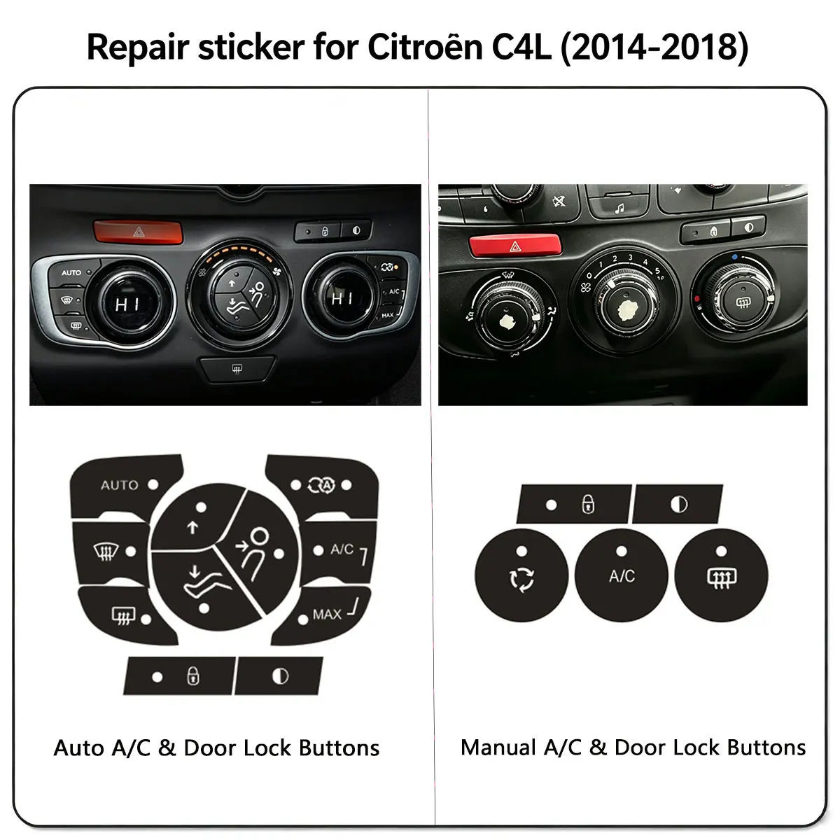 Repair Sticker Decal for Citroën C4L 2014-2018 Manual/Auto Air Conditioning Control Panel + Door Lock Button Restoration Film