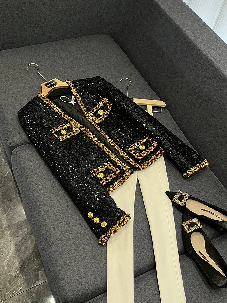 

Heavy-Work Sequin Chain ort Jaet Open Cardigan Outerwear for Women Celebri Sli Commute Wind Wool Nylon Blend