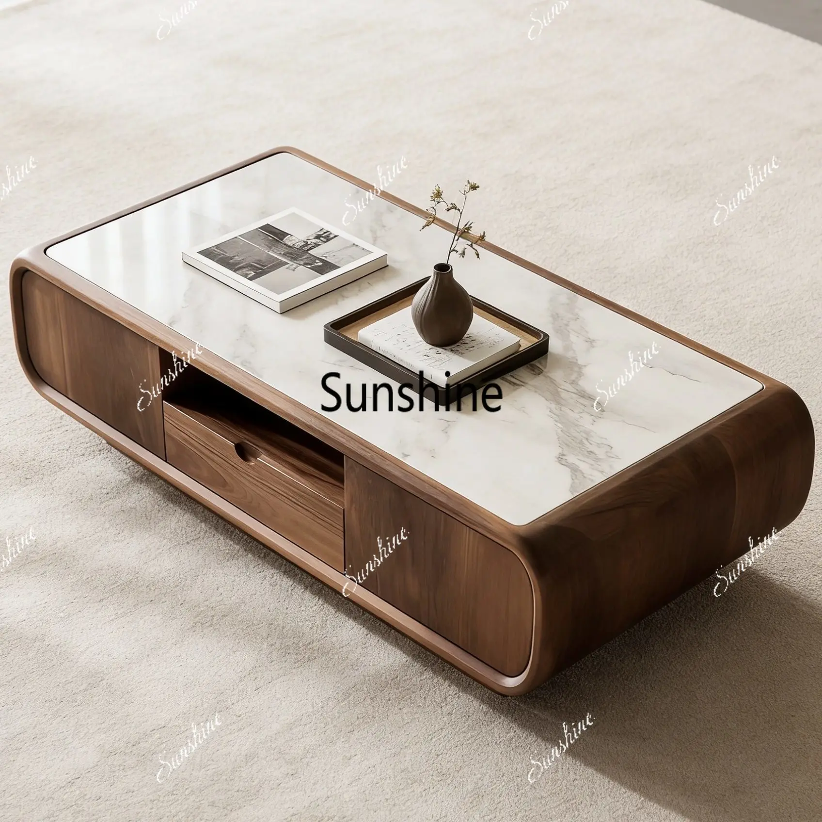 

New Chinese rock slab countertop storage light luxury high-end living room solid wood coffee table, can be customized