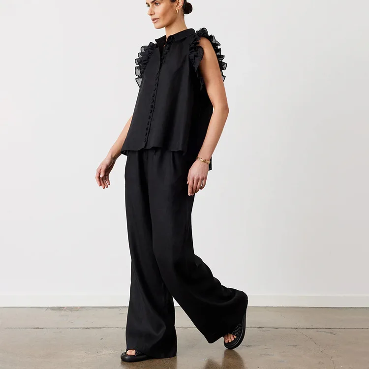 Elegante Conjunto de Dos Piezas de Algodón Negro para Mujer, Camisa Sin Mangas con Volantes y Pantalones Simples