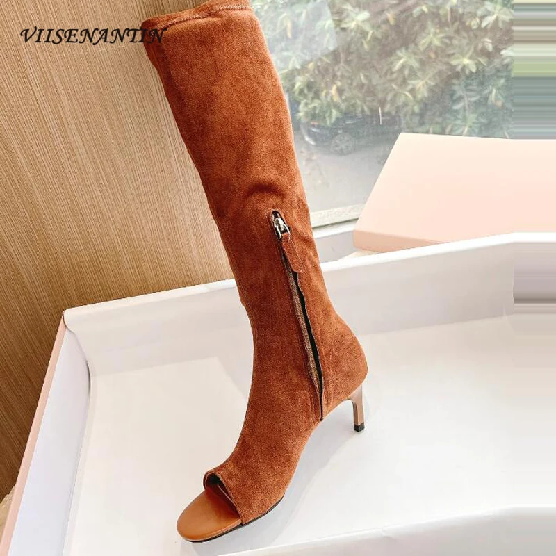 

Suede Leather Ladies 2023 Runway Boots Sandal Shoes Open Toe Flip Flops Small Kitten Heel T-show Sapatos Fashion Designer Boot