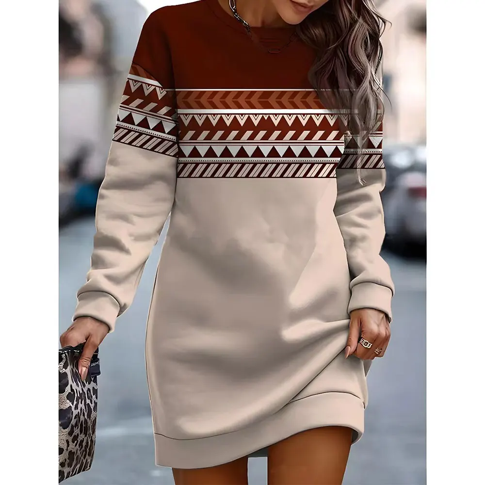 

Autumn Winter Womens Dresses Printed Round Neck Dress Casual Long Sleeve Dress Slim Elegant Party Pullover Sweatshirt Dress