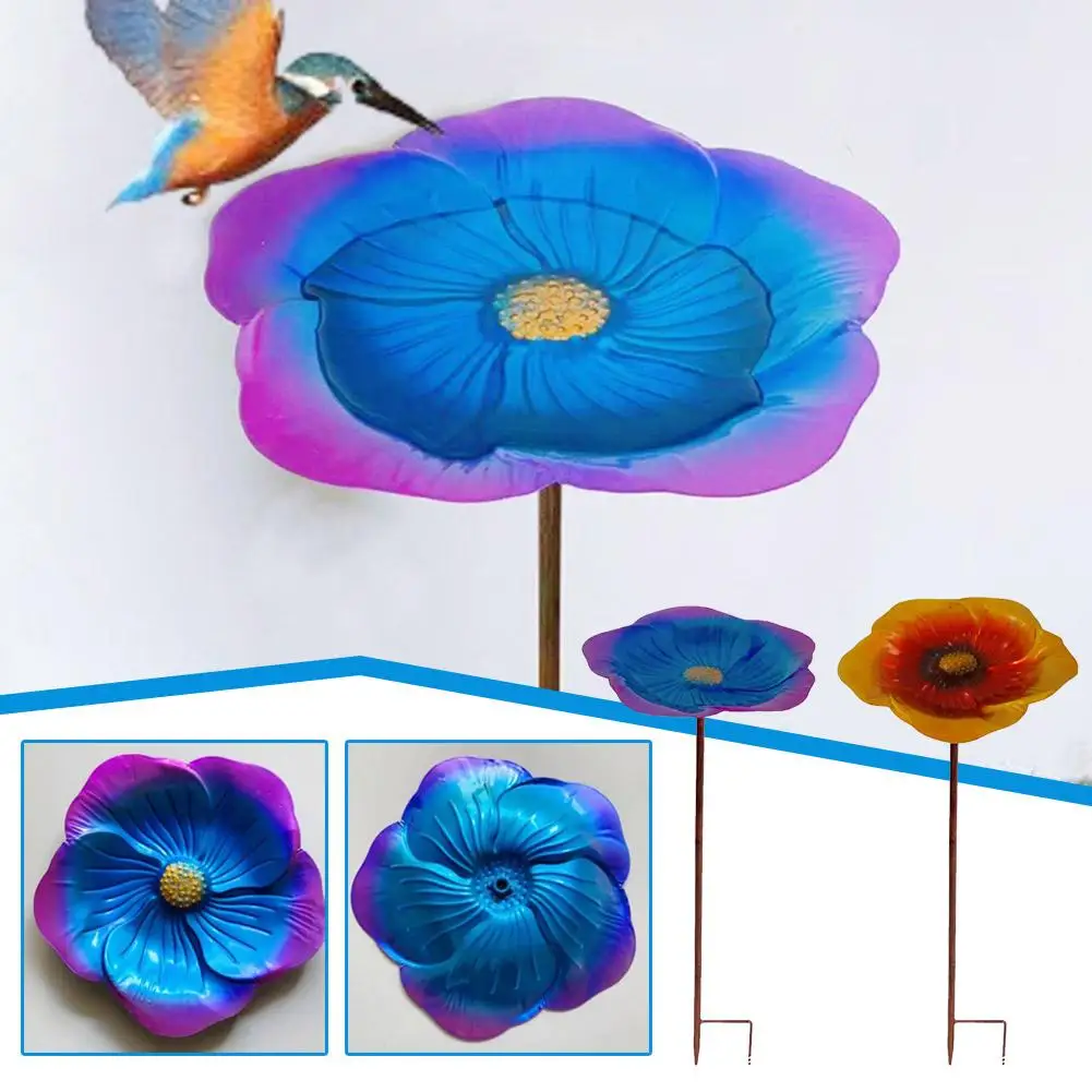 

Ground Metal Flower Bird Bath With Shepherd Hook Bird Garden Feeder Feeding Bird Outdoor Home Decoration Courtyard B0J1