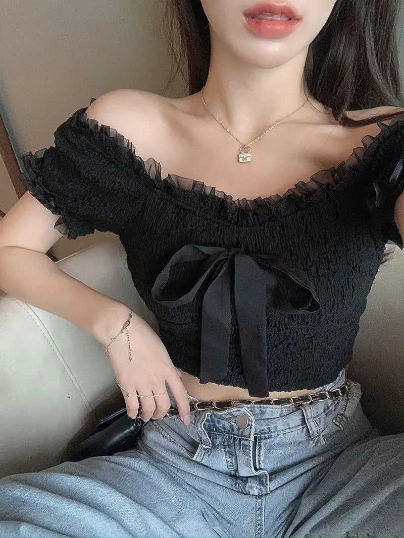 Bow Blouses Women Tender Harajuku Retro Clothing Mujer Tops Korean Style Sweet Sexy Lovely Design Aesthetic New Arrival Cropped