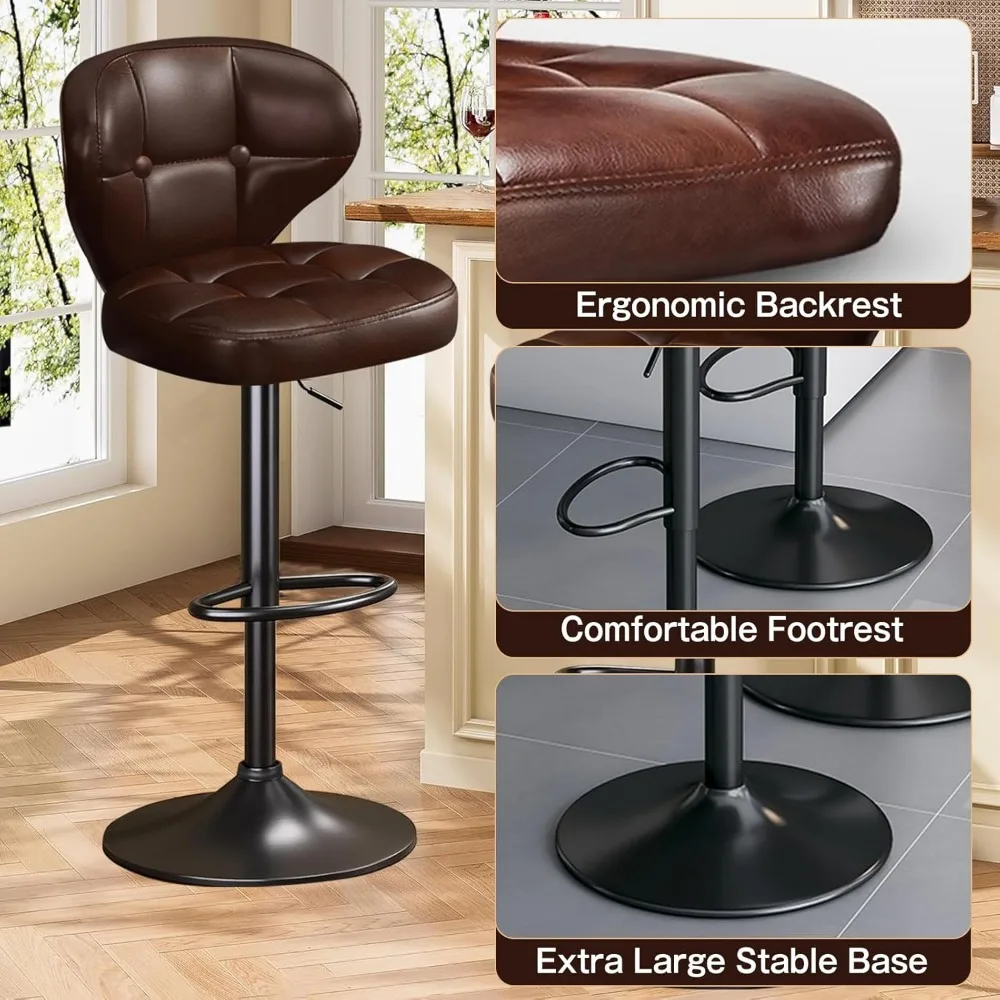 Modern Bar Stool Set of 2 Swivel Kitchen Stool Height Adjustable Padded Seat with Backrest Metal Frame Anti-Slip Base Ideal for