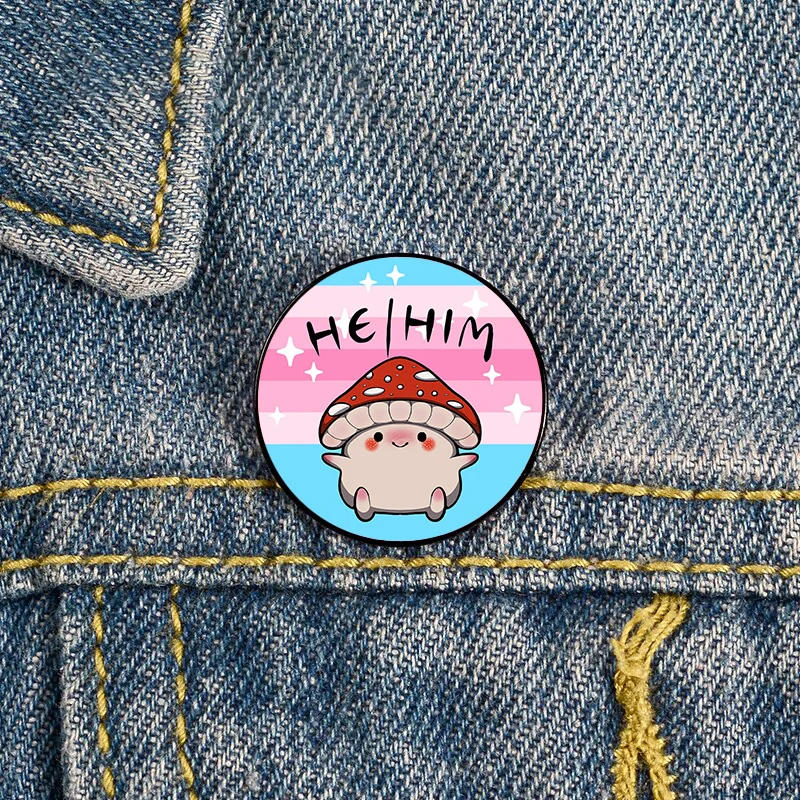 Pansexual pride Mushroom he him pronoun Pin Custom Funny vintage Brooches Shirt Lapel teacher Bag Badge pins for Lover Friends