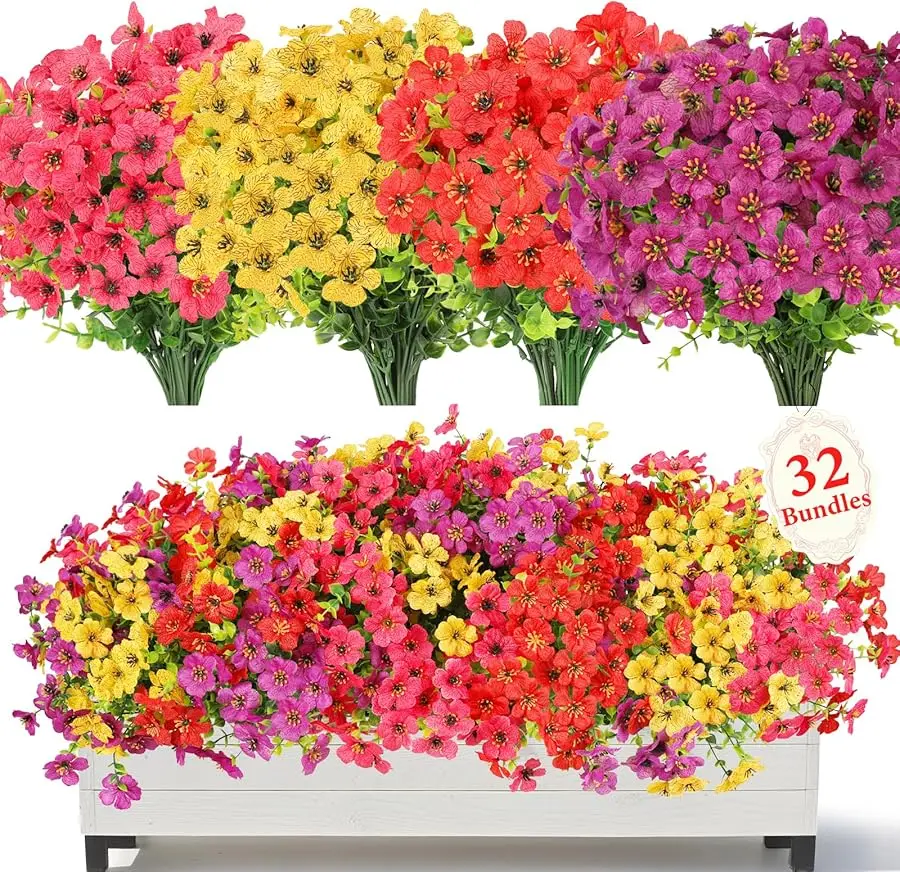 

32 Bundles Artificial Flowers for Outdoors,Fake Flowers with Violets & Eucalyptus Leaves in 4 Vibrant Colors,UV Resistant Artifi