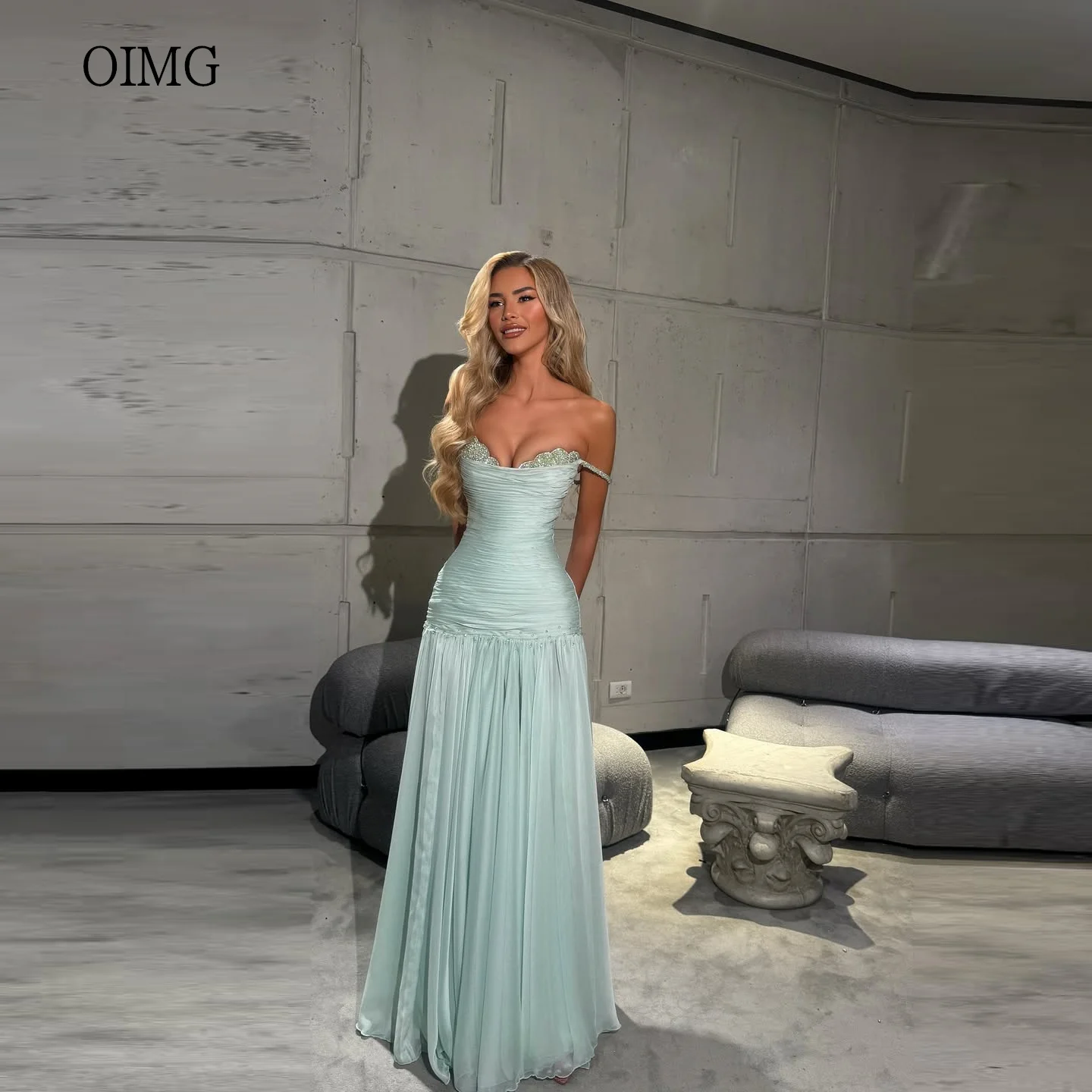

OIMG Regal Off The Shoulder A Line Prom Gowns Sequined Neck Pleated Party Gown Vacation Floor Length Evening Dress Customized