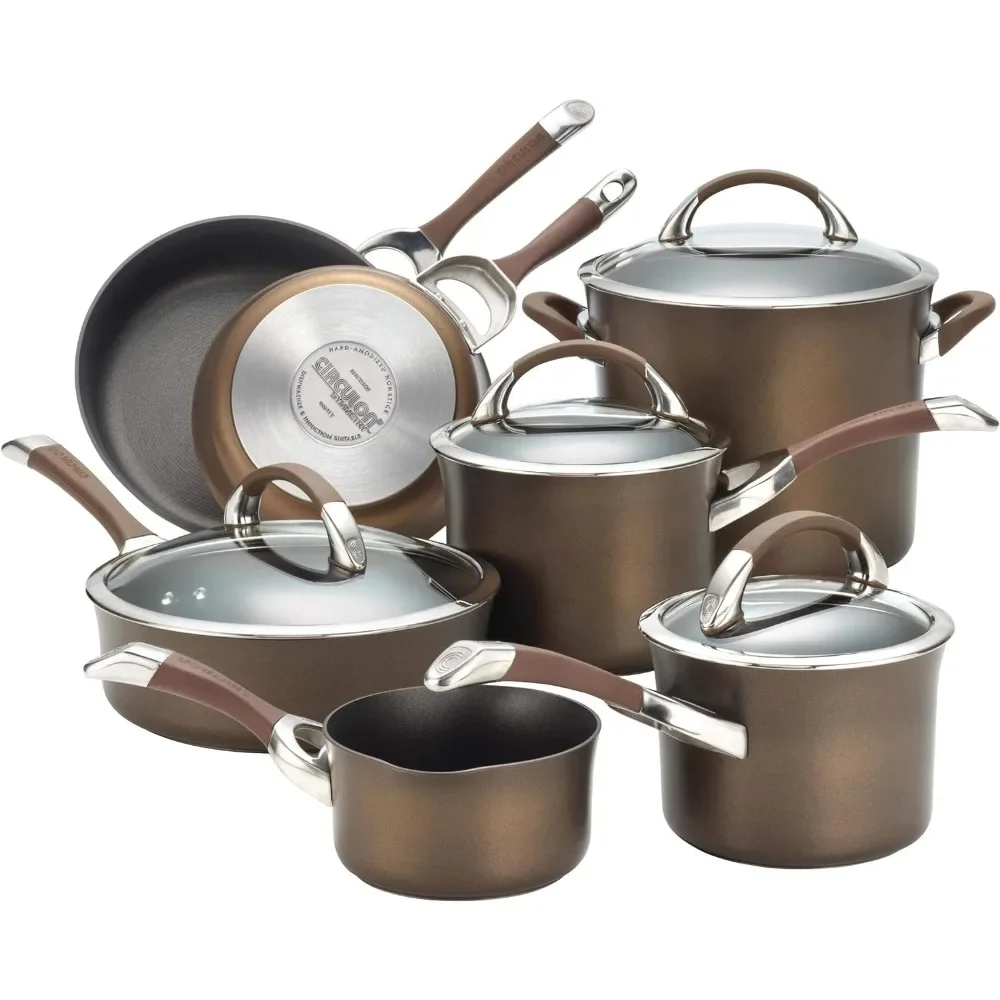 

Symmetry Dishwasher Safe Hard Anodized Nonstick Cookware Pots and Pans Set, 11-Piece, Chocolate