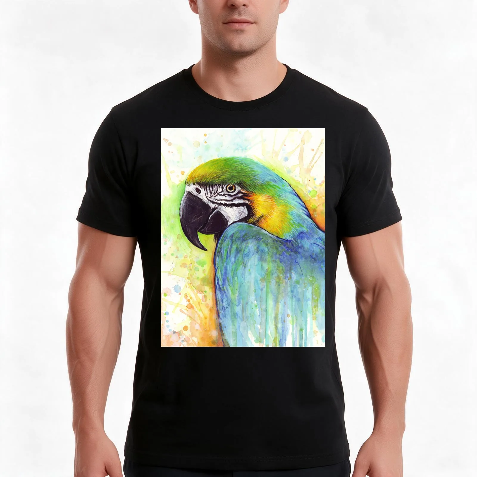 Macaw Watercolor T-Shirt, Summer Casual Cotton Tee, Oversized Streetwear Tops, Vintage Graphic Print, Loose Fit Short Sleeve