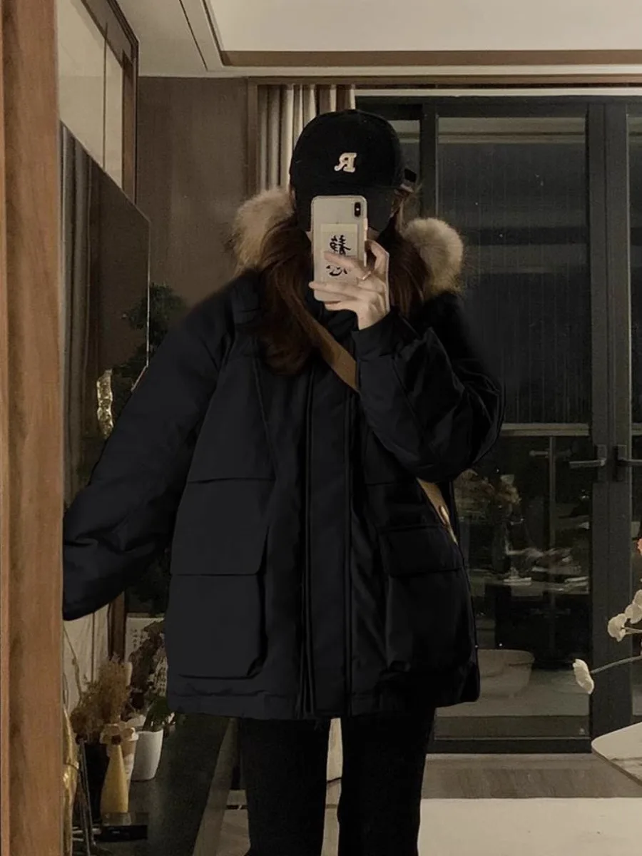 2023 New Winter Fur Hooded Long Sleeve Jacket Women Solid Color Cotton-padded Warm Loose Parkas Coat Fashion Outwear