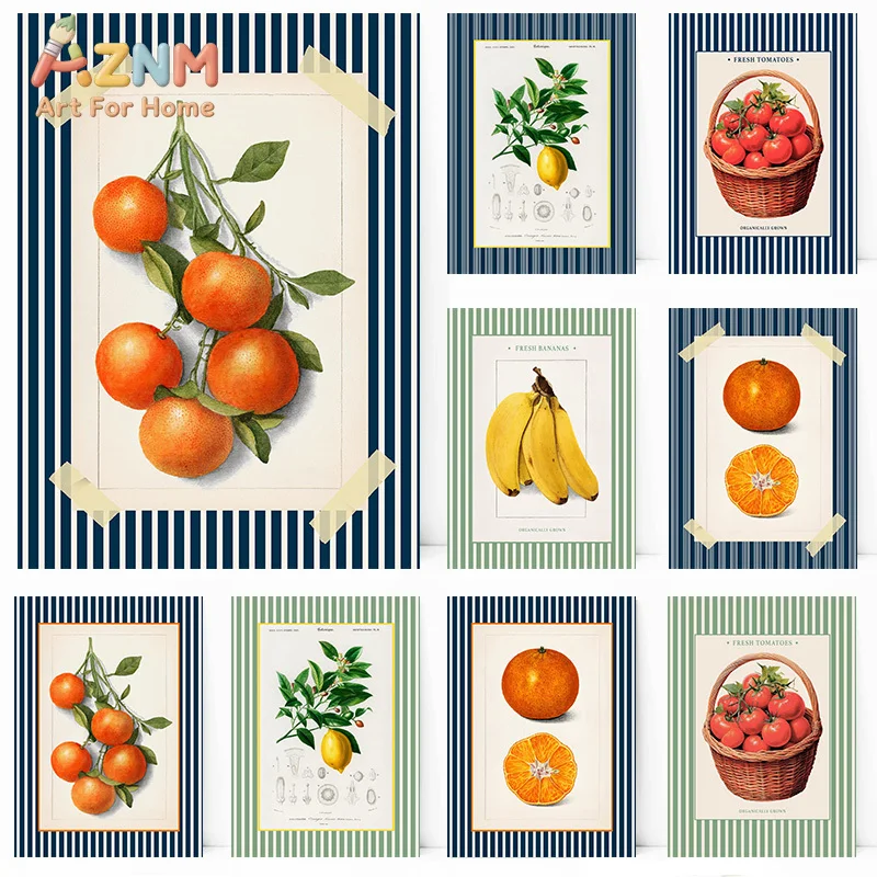 AZNM Vintage Botanical Fruit Canvas Wall Art Orange Banana Tomato Striped Background Retro Print Unframed Canvas Kitchen Home De