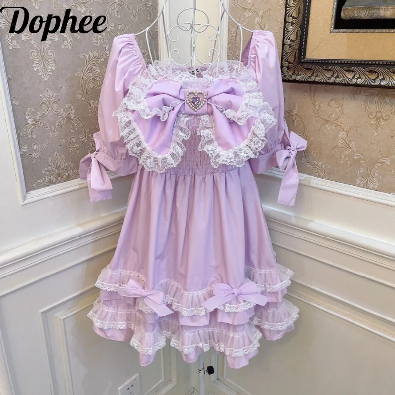 

Dophee Original Dream Princess Bow Purple Cake Dress Women Love Water Diamond Beads Puff Short Sleeve Young Girl Lolita Dress