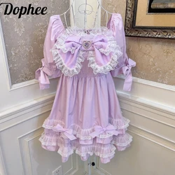 Dophee Original Dream Princess Bow Purple Cake Dress Women Love Water Diamond Beads Puff Short Sleeve Young Girl Lolita Dress