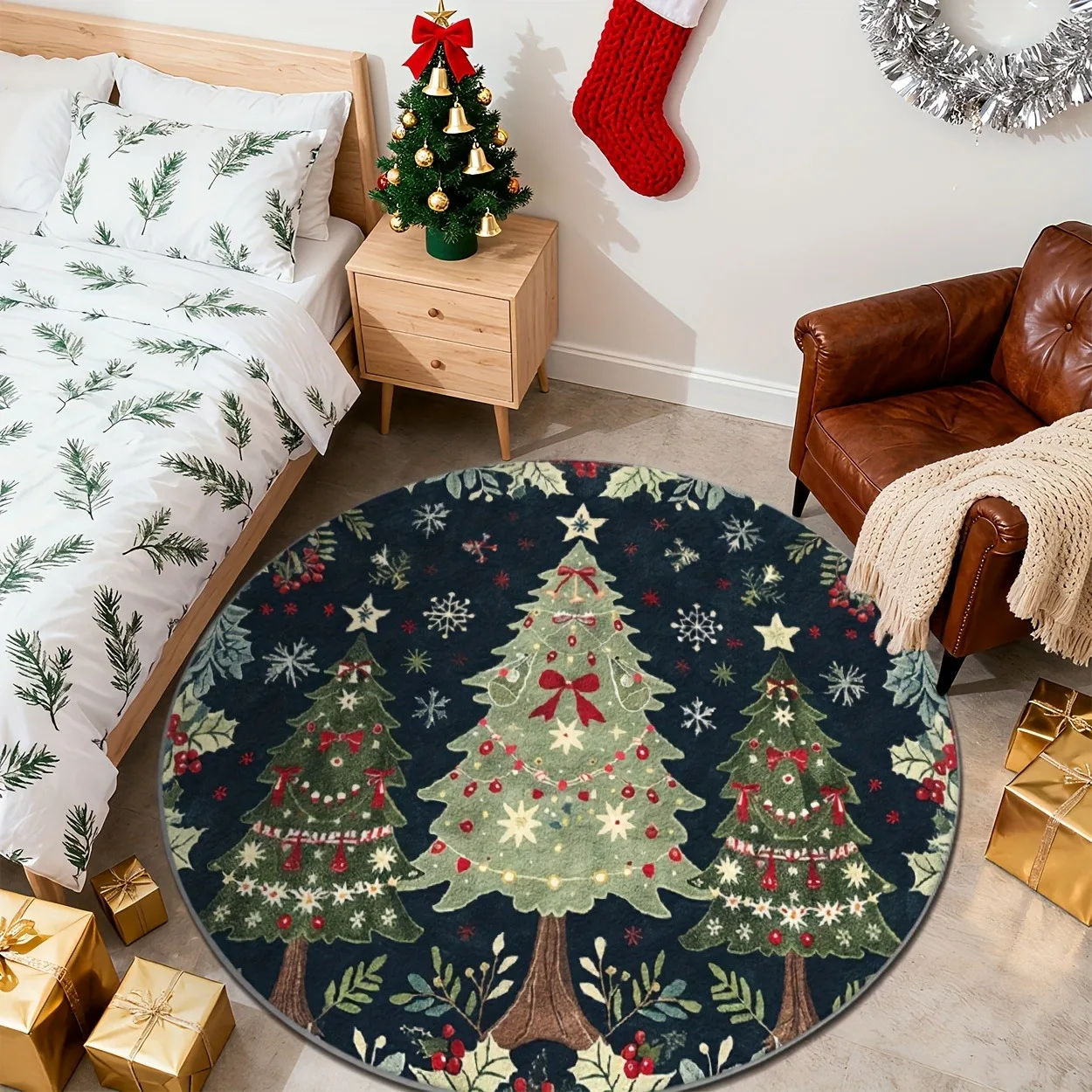 Vintage Christmas Tree Round Rug,Dark Background Xmas Pine Tree Snowflake Holly Berry Printed Circular Floor Mat,Living Room