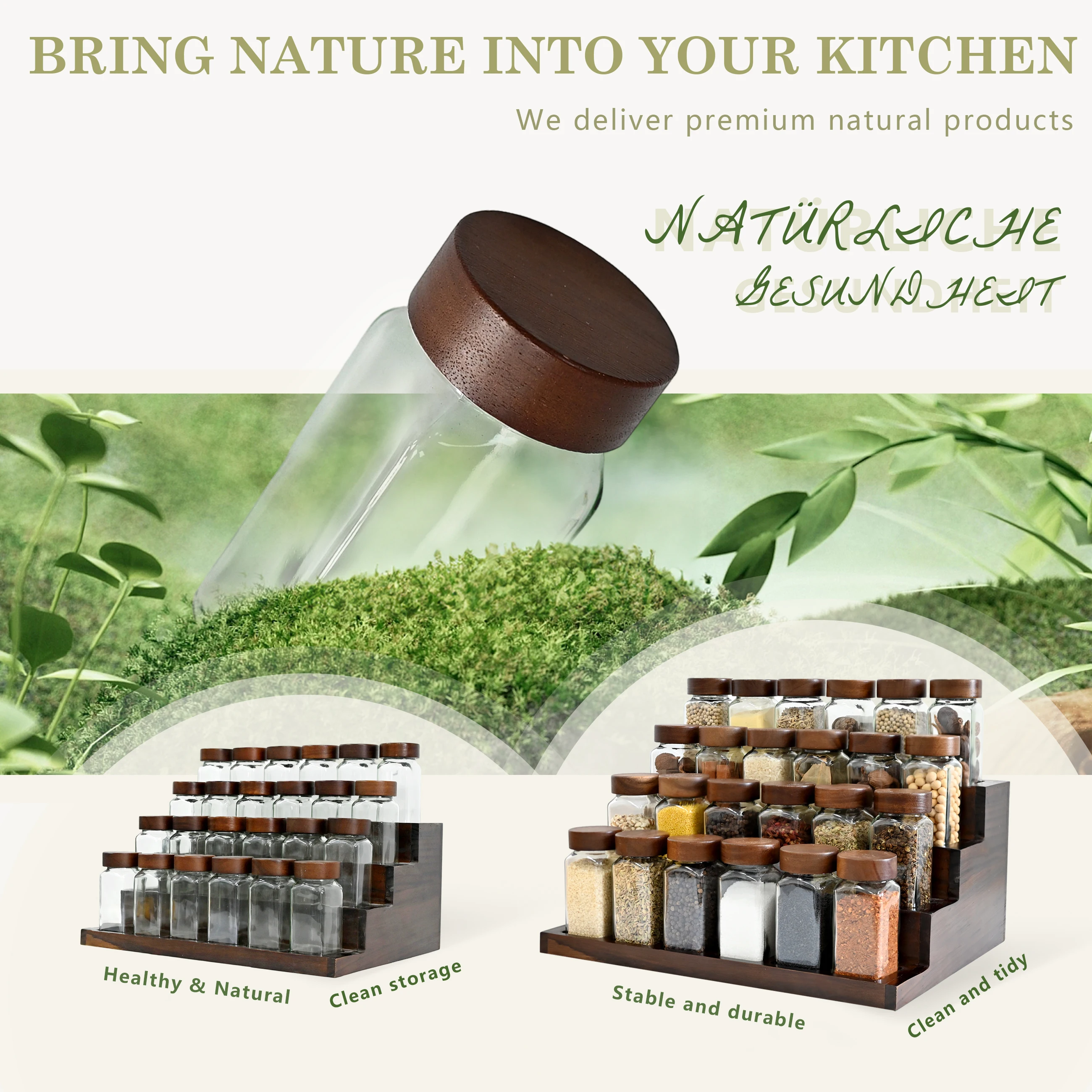 SIAZIH Set mit 24 x 120 ml Gewürzflaschen und einem 2-in-1-Akazienholztablett, 120 Etiketten für platzsparende Küchenorganisation – Detail 2