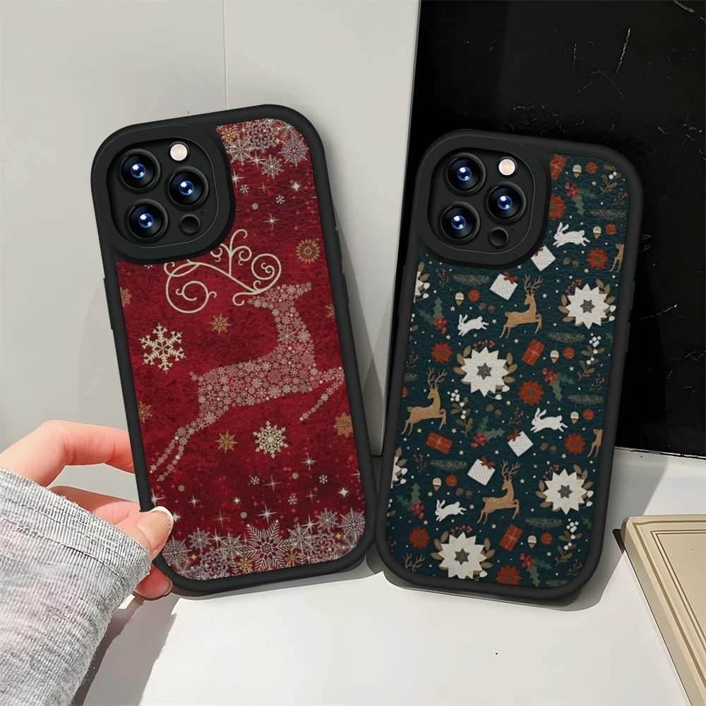 Merry Christmas Deer Tree Lights Phone Case Leather Black For IPhone 13 16ProMax 12 15 11 14 Pro Max Mini Plus Soft Silicone