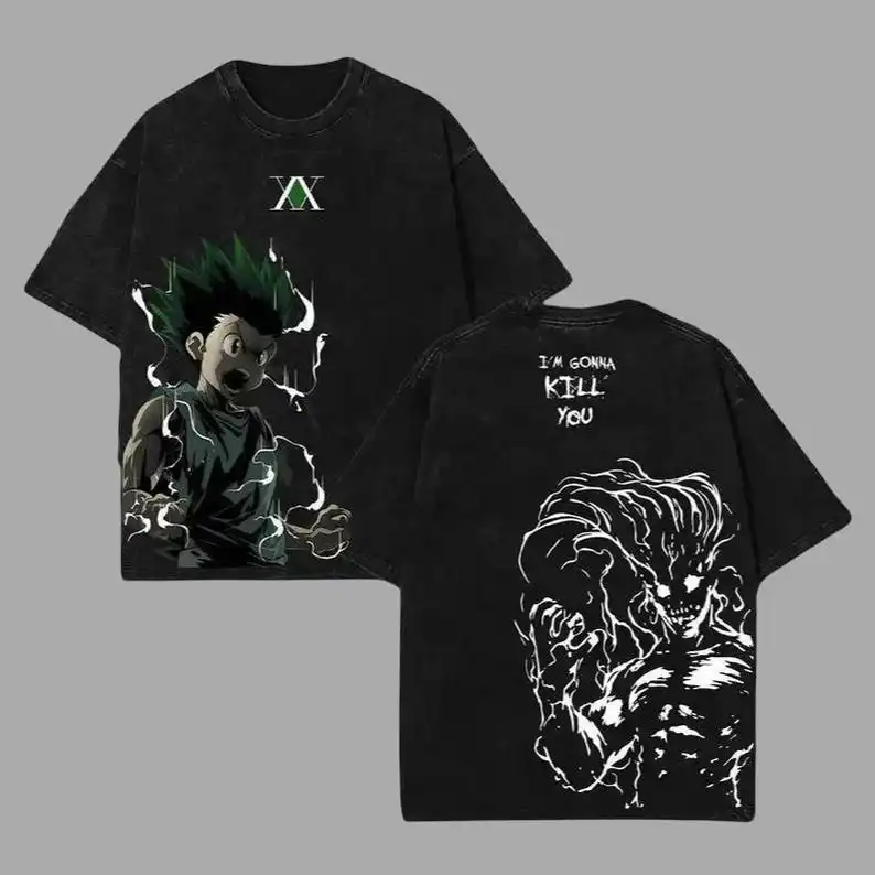 Vintage Washed Oversized T-shirt Hunter X Hunter Printed Men Women Cotton Short Sleeve Street Hip Hop Female Male Clothing Tee