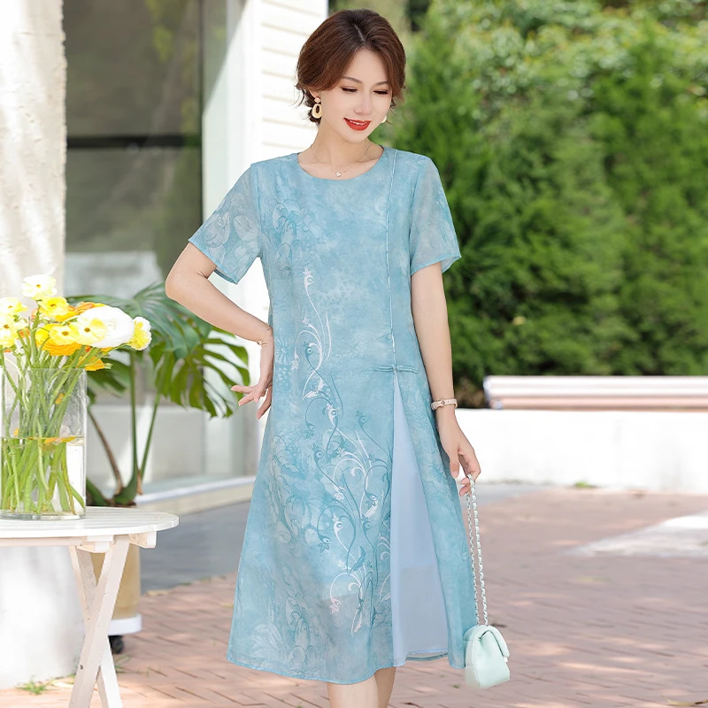 

Новое китайское летнее модное шелковое платье-ципао с коротким рукавом для женщин среднего и старшего возраста