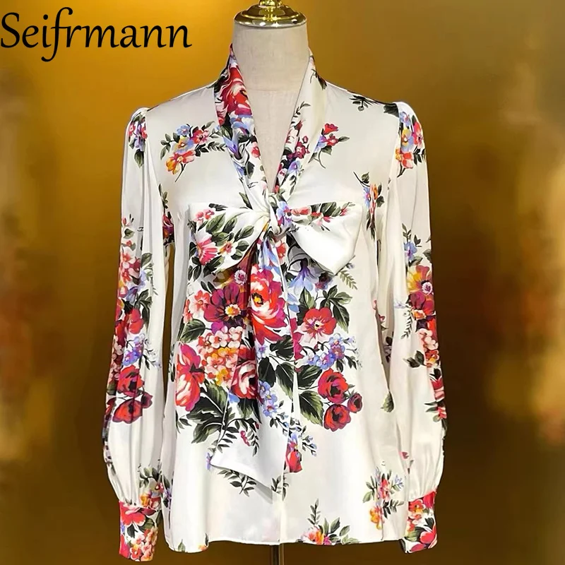 

Женская модная свободная рубашка Seifrmann 2026 весна с V-образным вырезом, длинным рукавом, на одной пуговице, из шелка с принтом