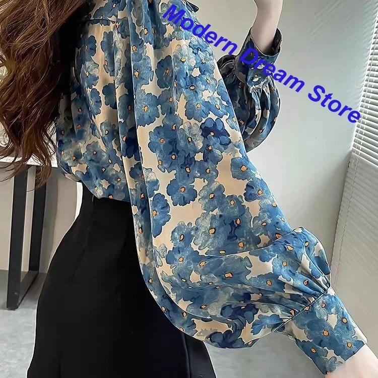 French Temperament Bubble Sleeve Floral Shirt Women's Spring and Autumn New Top High-grade Luxury Fashion Western-style Shirt
