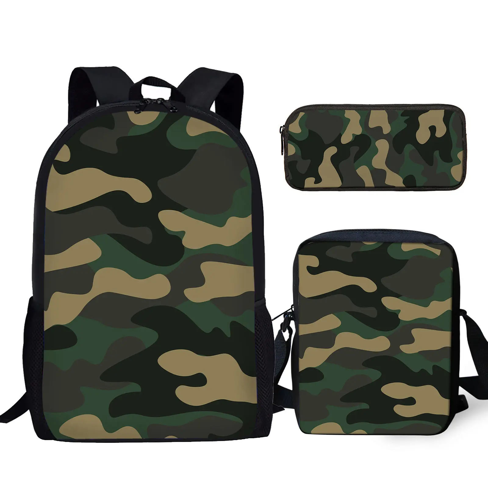 Camouflage Art Printed 3Pcs/Set Student School Bag Boys Girls Lightweight Campus Storage Backpack with Lunch Bag Pencil Bag