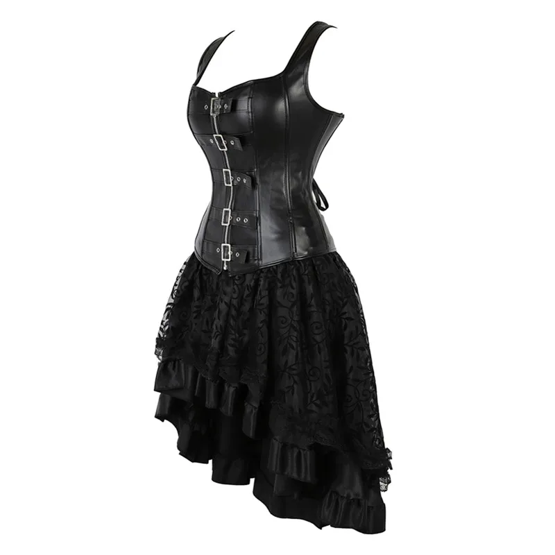 Steampunk Straps Corset Gothic Sexy Womens Faux Leather Overbust Corset Bustier Dress With Asymmetric Floral Lace Skirt Set