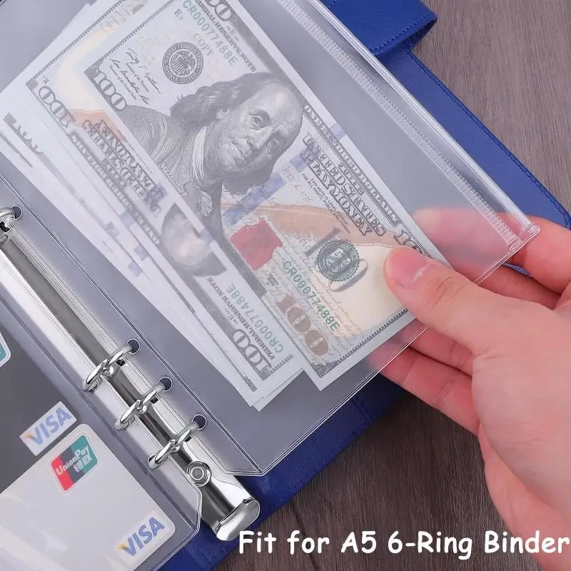 Enveloppes de budget transparentes A5/A6 avec fermeture éclair, 12 pièces, pochettes à 6 trous pour classeur à feuilles mobiles, pochettes pour billets et accessoires de carnet.