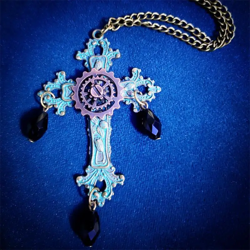 Новый готический стиль зеленый бык цветок крест кулон ожерелье винтажное стимпанк шестерня ювелирные изделия в стиле стимпанк