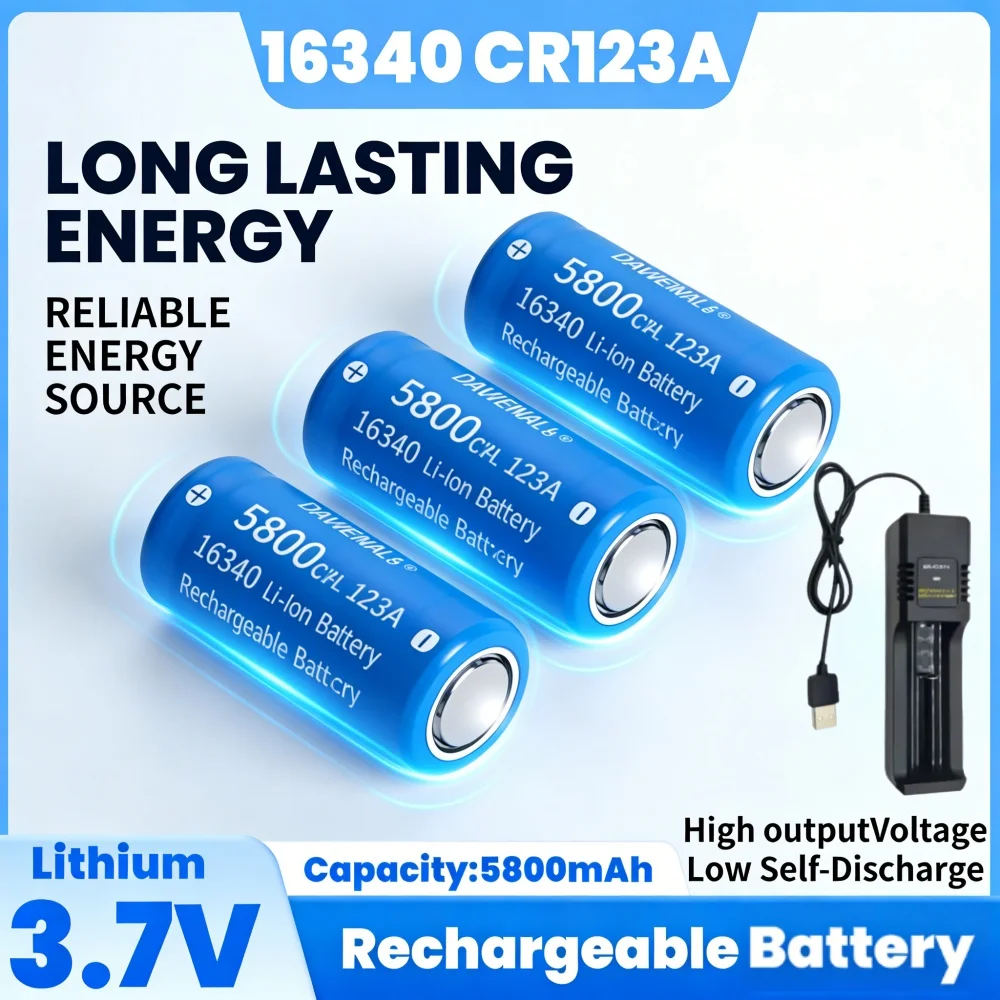 3.7V 5800mAh CR123A 16340 Rechargeable Li-ion Battery with Wall Charger for LED Flashlights & Outdoor Gear