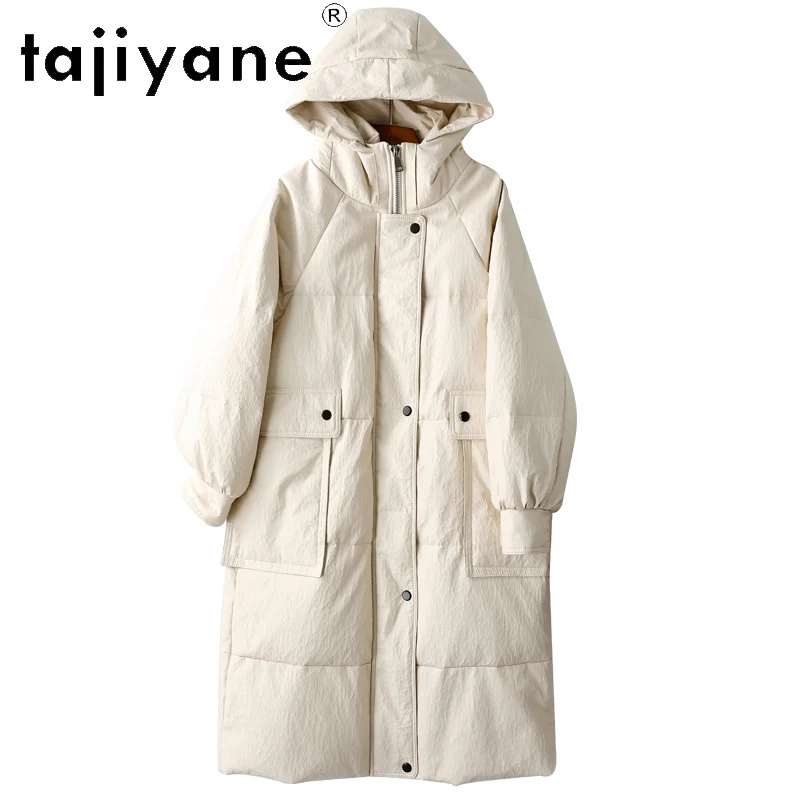 TAJIYANE 100% pelle di pecora piumino d'oca bianca donna bianca lunga piumino in vera pelle con cappuccio 2025 abiti invernali ·хоiyahaк