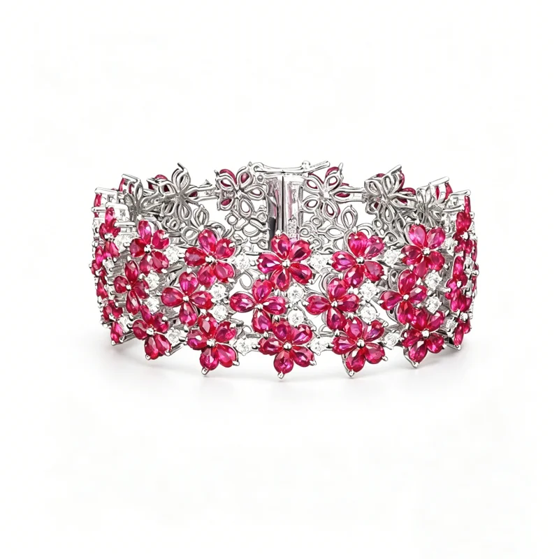 BELLUX Luxury High end Red Flower Ruby Bracelet with Corundum Full Diamonds S925 Pure Silver Bracelet for Women