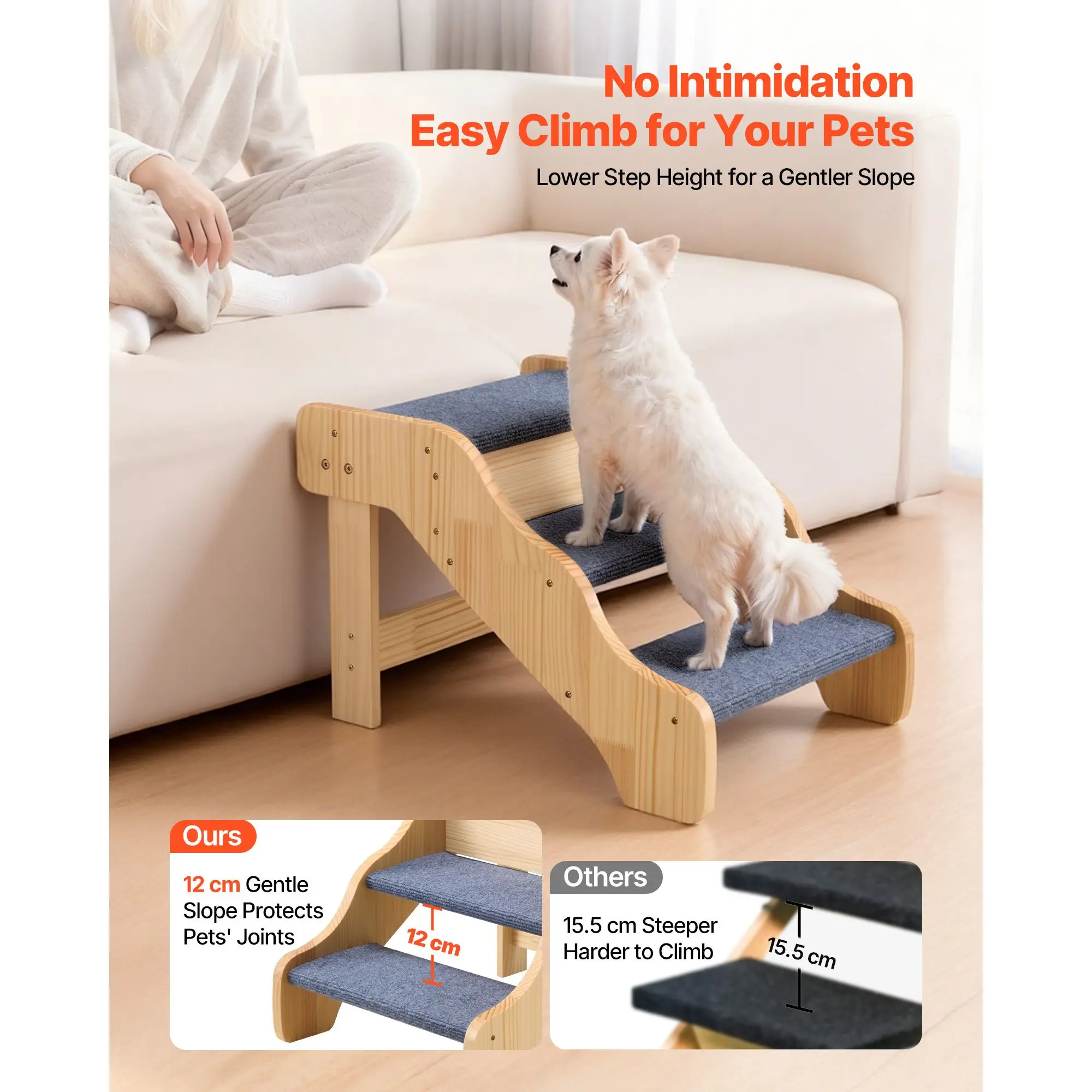 Wood Pet Stairs, 3-Step Dog for High Beds, Sofa & Cars, 150lbs Load Capacity, Non-Slip Surface, Stable Cat & Ladder Small Medium
